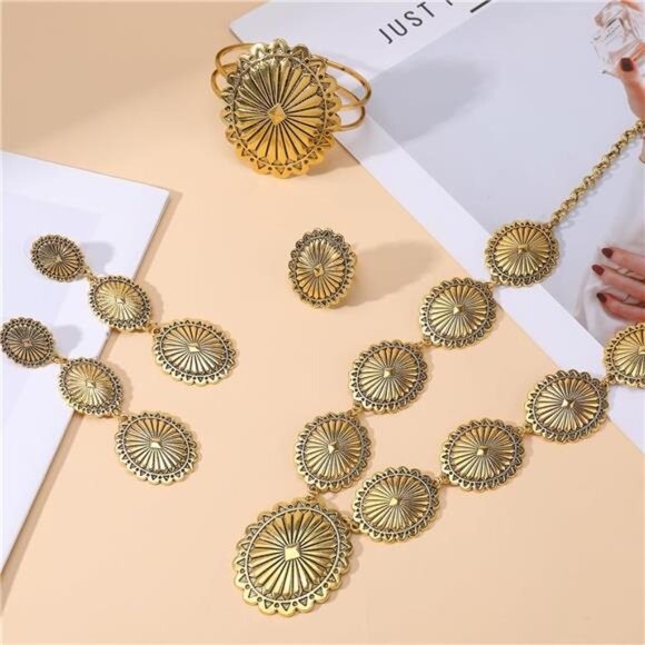 Western Turquoise Jewelry Set Necklace Earrings Bracelet Ring Boho Cowgirl Gift - Picture 3 of 7